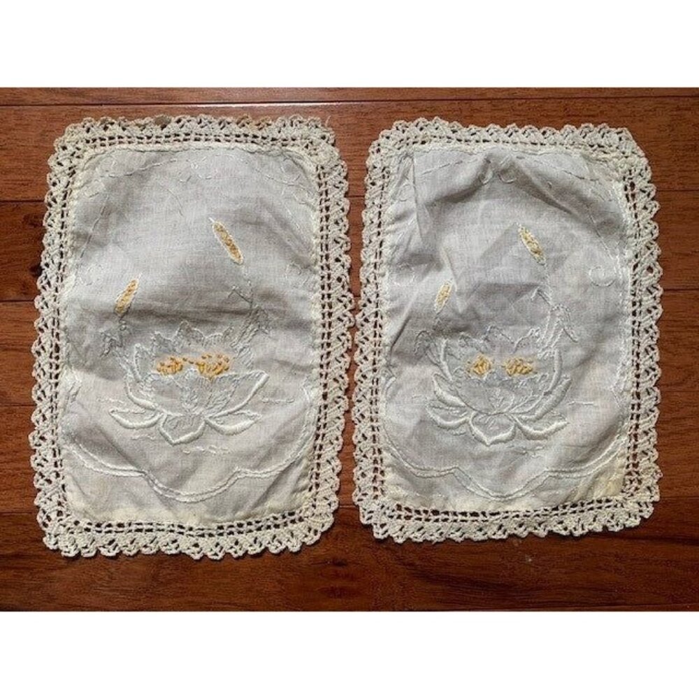 Vintage Embroidered Linen Doilies Set Crocheted Edge 7" x 9" Elegant Decor